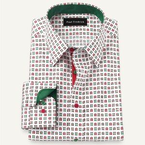 NWOT Paul Fredrick Holiday White Green Red Xmas Gift Patterned Shirt
